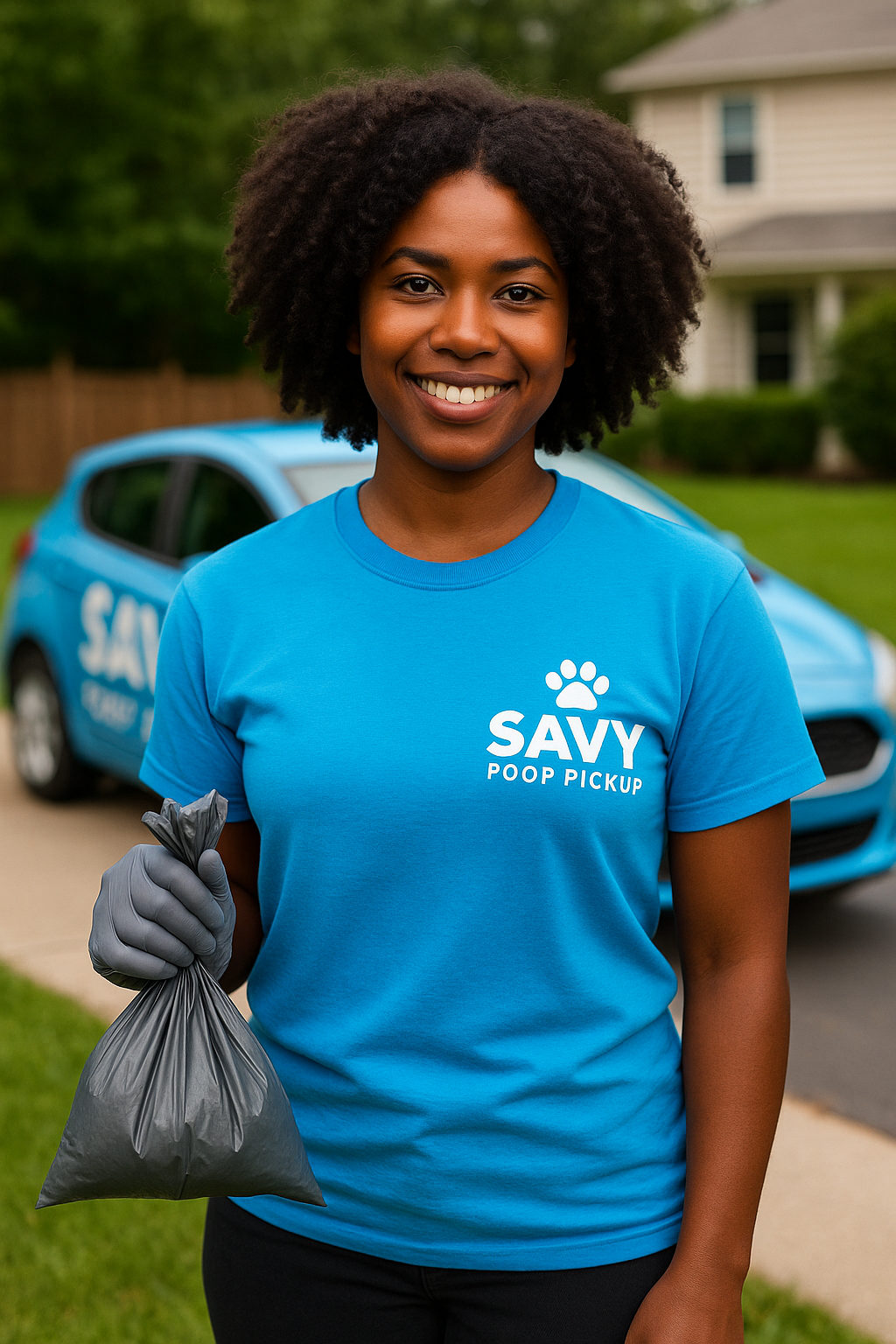 Pet waste removal service technician in Savy Poop Pickup uniform